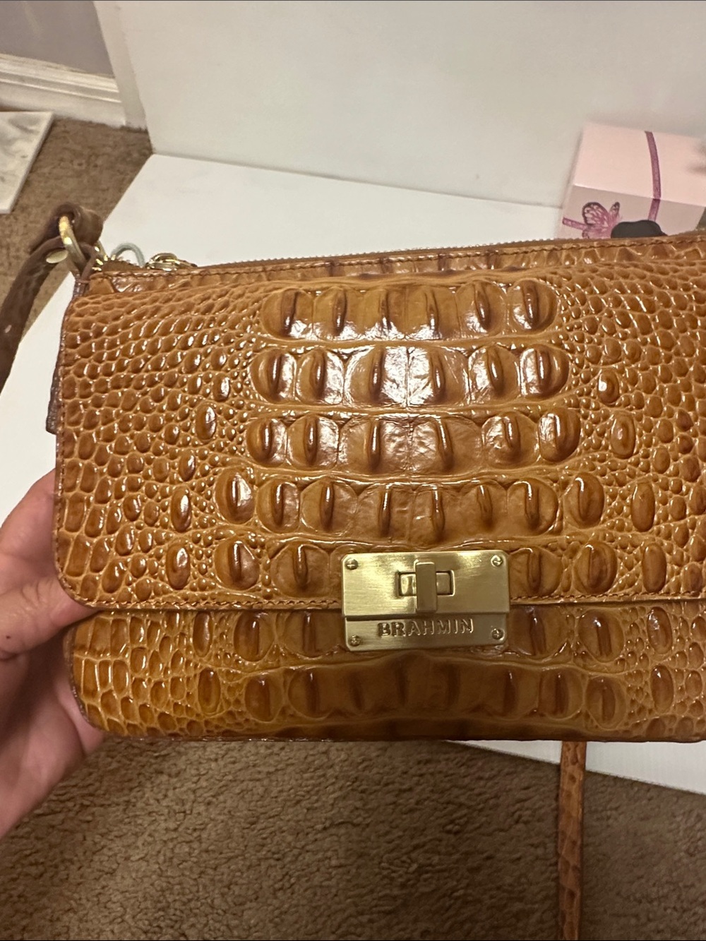Brahmin Croc-Embossed Crossbody Bag in Cognac Brown with Gold Hardware